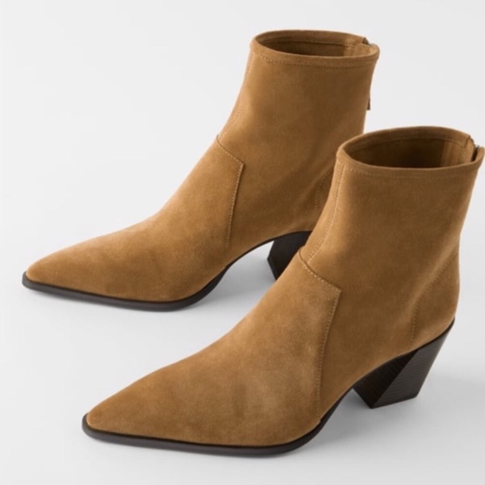 ZARA brown suede leather pointed toe ankle boots